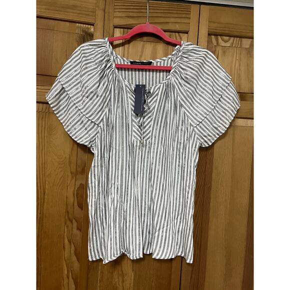 Adrienne Vittadini L Flutter Sleeve Silver Striped Blouse NWT - Picture 1 of 5